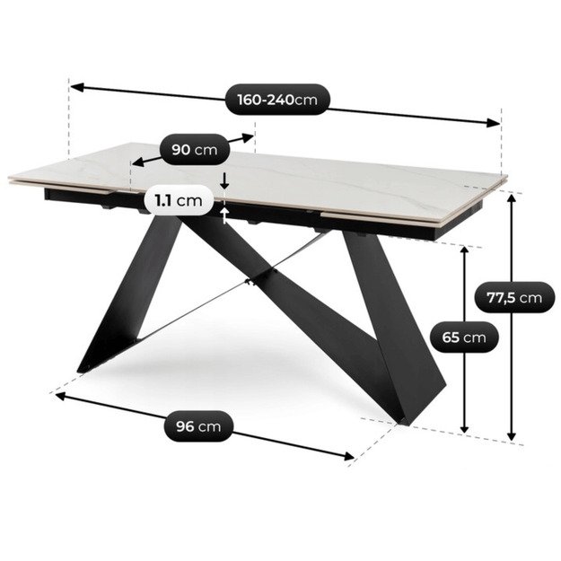 Viktoras VICTOR stačiakampis ištraukiamas stalas, 160–240 cm, keramika, baltas marmuras/juodas, moderniam lofto stiliaus valgomajam 13