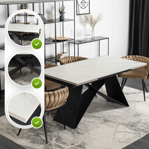 Viktoras VICTOR stačiakampis ištraukiamas stalas, 160–240 cm, keramika, baltas marmuras/juodas, moderniam lofto stiliaus valgomajam 1