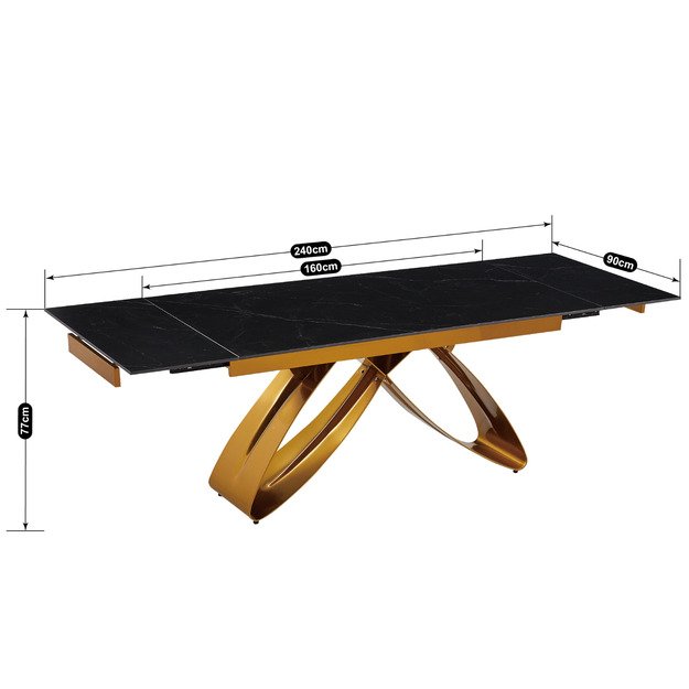 Luigi LUIGI stačiakampis ištraukiamas stalas, 160–240 cm, keramika, juodas marmuras/auksas, moderniam valgomajam 4