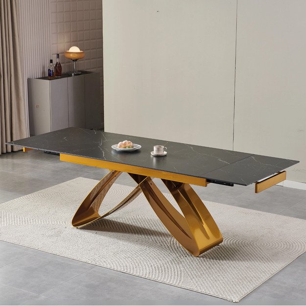 Luigi LUIGI stačiakampis ištraukiamas stalas, 160–240 cm, keramika, juodas marmuras/auksas, moderniam valgomajam