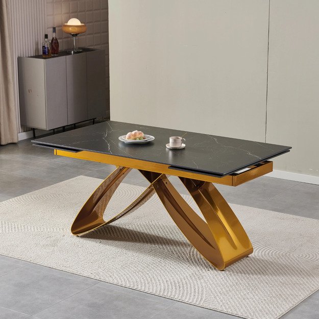 Luigi LUIGI stačiakampis ištraukiamas stalas, 160–240 cm, keramika, juodas marmuras/auksas, moderniam valgomajam 1