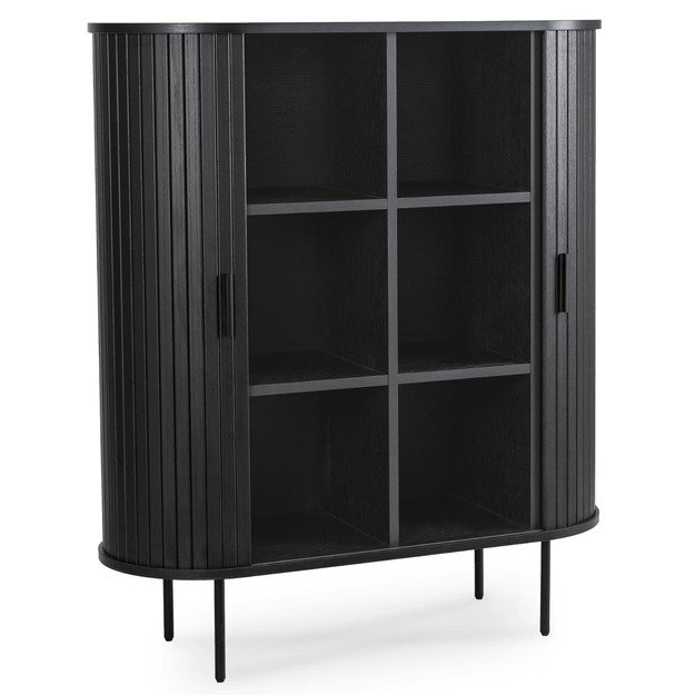 Triša TRISH aukšta komoda su stumdomomis stalčiais, 100 cm, juoda, dviejų durų, grioveliais, moderni 2