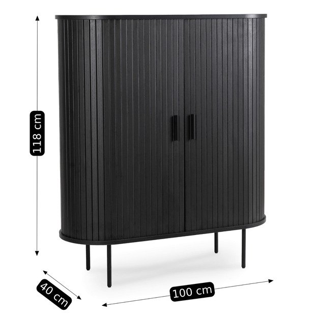 Triša TRISH aukšta komoda su stumdomomis stalčiais, 100 cm, juoda, dviejų durų, grioveliais, moderni 6