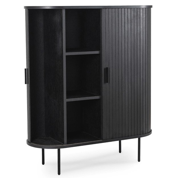 Triša TRISH aukšta komoda su stumdomomis stalčiais, 100 cm, juoda, dviejų durų, grioveliais, moderni 3