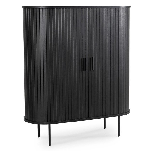 Triša TRISH aukšta komoda su stumdomomis stalčiais, 100 cm, juoda, dviejų durų, grioveliais, moderni 1