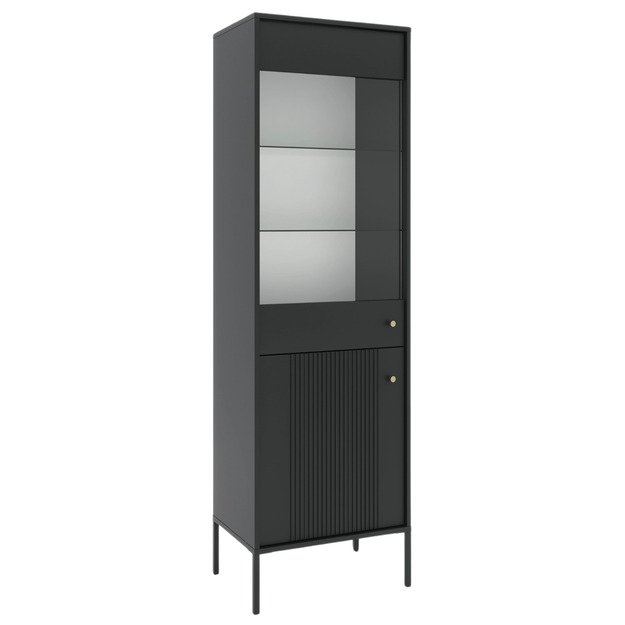 Minkštas Aukšta stiklinė vitrina SOFT, juoda, grioveliais, moderni