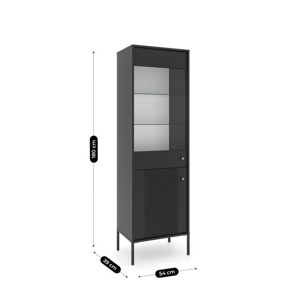 Minkštas Aukšta stiklinė vitrina SOFT, juoda, grioveliais, moderni 4