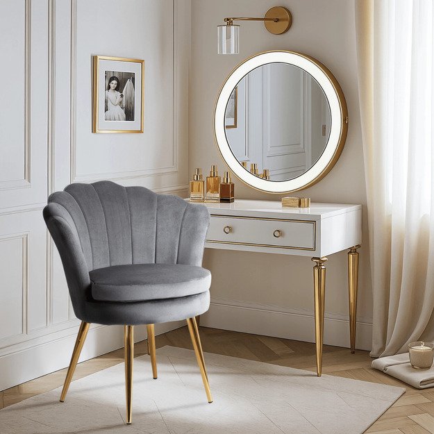 Viola Kriauklinis fotelis su apmuštu krėslu tualetiniam staliukui, VIOLA, pilkas aksomas, modernus žavesys