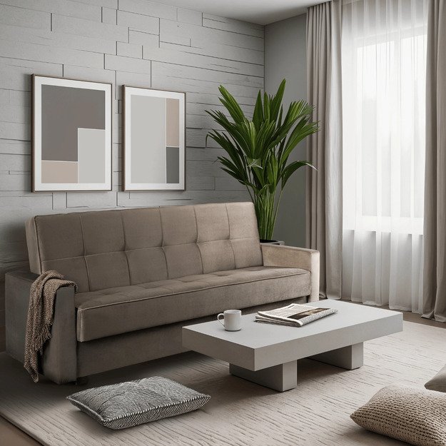 Aluna ALUNA sofa su miegojimo funkcija, sulankstoma dviejų vietų sofa, smėlio spalvos, moderni svetainei