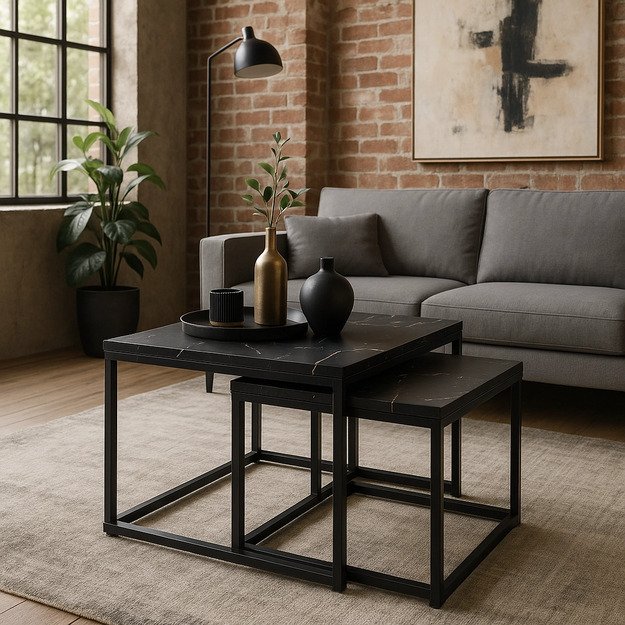  JUNO juodo marmuro / juodos spalvos kavos staliukų komplektas prabangiai svetainei