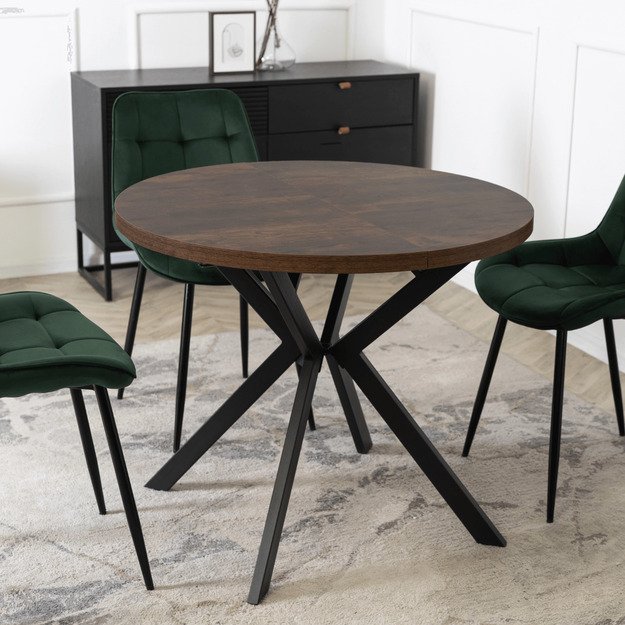 Lugo LUGO išskleidžiamas apvalus stalas, 90–190 cm, riešuto spalvos/juodas, lofto stiliaus