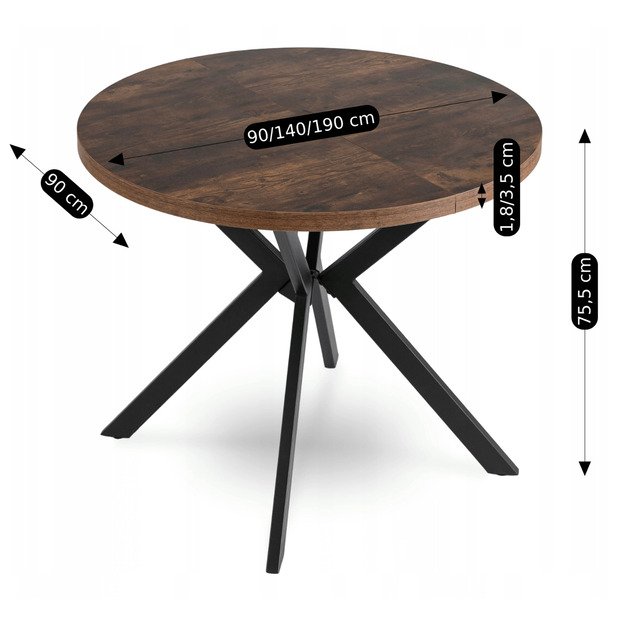 Lugo LUGO išskleidžiamas apvalus stalas, 90–190 cm, riešuto spalvos/juodas, lofto stiliaus 11