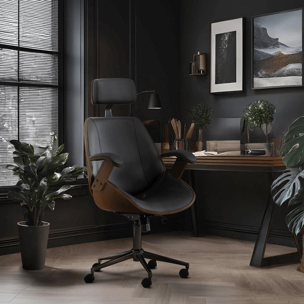Fabianas FABIAN dygsniuotas išlenkto medžio biuro fotelis, eko oda, auksinio ąžuolo / juodos spalvos