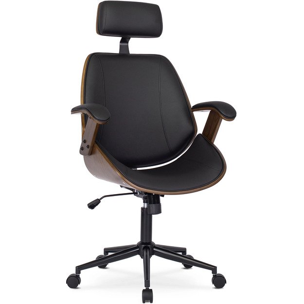 Fabianas FABIAN dygsniuotas išlenkto medžio biuro fotelis, eko oda, auksinio ąžuolo / juodos spalvos 1