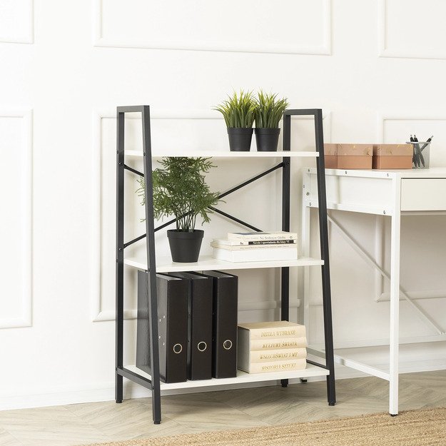 Vioras VIOR žema atvira lentyna svetainei, balta/juoda, metalinė, žaislams, modernus