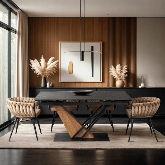 Reksas REX stačiakampis ištraukiamas stalas, 160–220 cm, keramika, tamsiai ruda/juoda, moderniam lofto stiliaus valgomajam