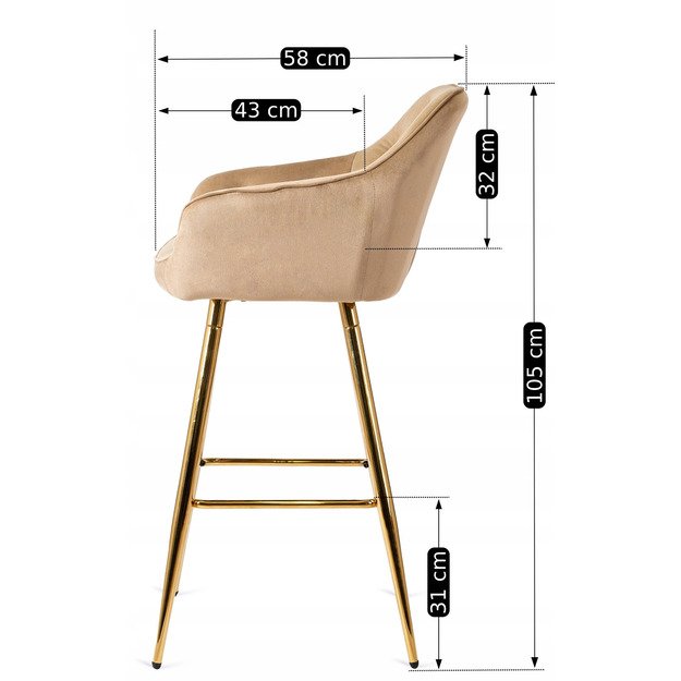 Salemas Apmuštas baro kėdė SALEM 2, smėlio spalvos/auksinio aksomo, modernus glamūras 1