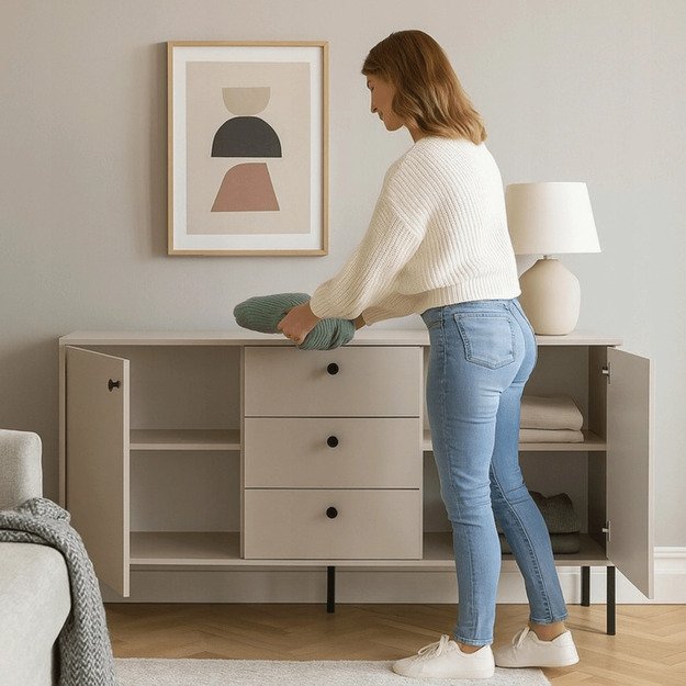 Minkštas SOFT svetainės komoda, 154 cm, kašmyro raštas, dviejų durų, moderni 2