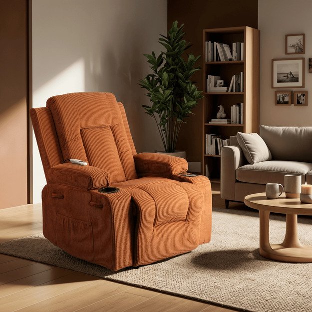 Dėžutė BOX atlošiama masažinė kėdė su pakoja, surūdijusio velveto imitacija, moderni