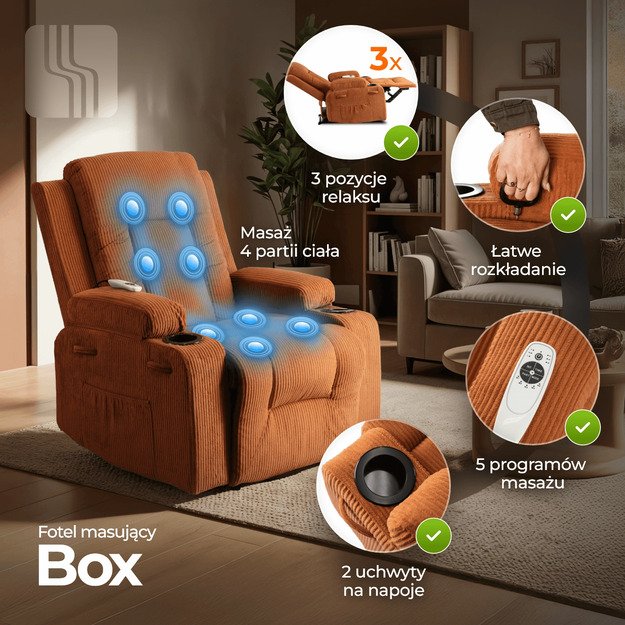 Dėžutė BOX atlošiama masažinė kėdė su pakoja, surūdijusio velveto imitacija, moderni 1