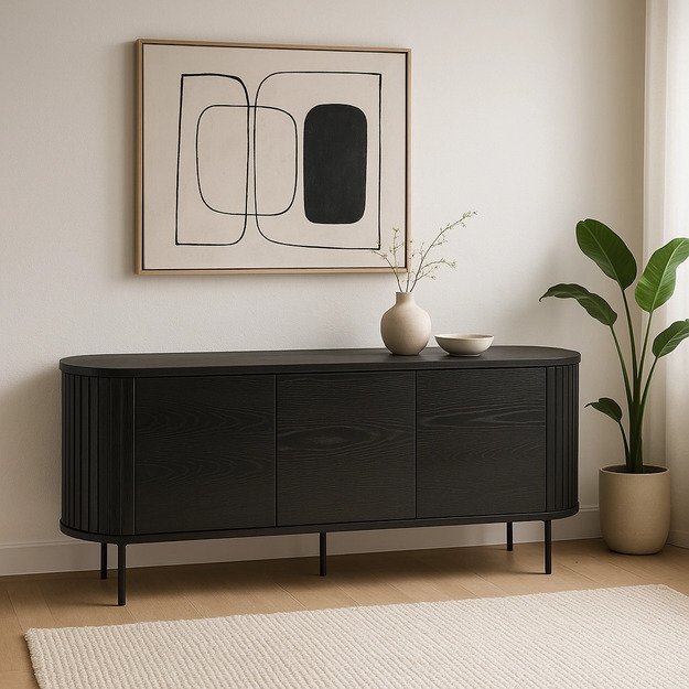 Beck BECK svetainės komoda, 160 cm, juoda, trijų durų, grioveliai, moderni