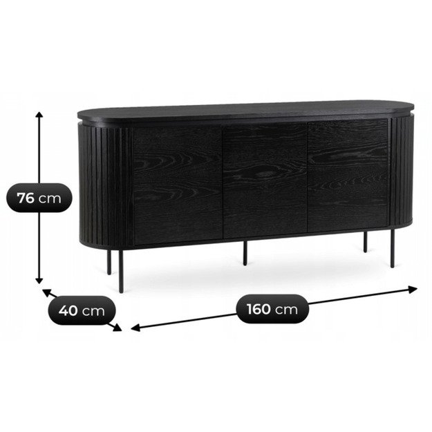 Beck BECK svetainės komoda, 160 cm, juoda, trijų durų, grioveliai, moderni 9