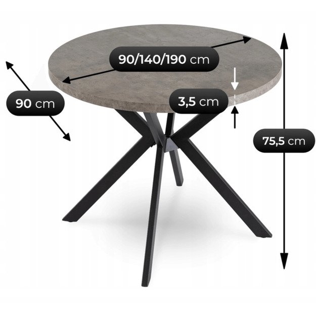 Lugo LUGO išskleidžiamas apvalus stalas, 90–190 cm, pilkas /juodas, lofto stiliaus 11