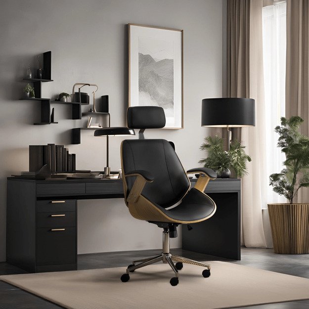 Fabianas FABIAN dygsniuotas išlenkto medžio biuro fotelis, eko oda, auksinio ąžuolo / juodos spalvos