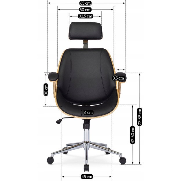 Fabianas FABIAN dygsniuotas išlenkto medžio biuro fotelis, eko oda, auksinio ąžuolo / juodos spalvos 6
