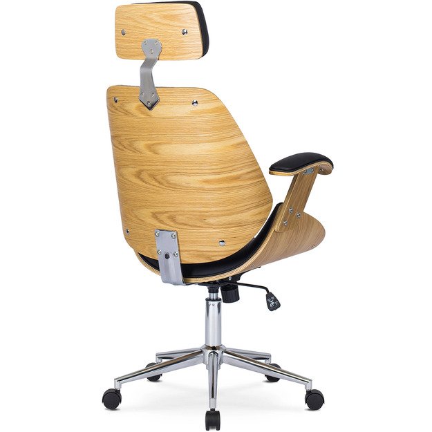 Fabianas FABIAN dygsniuotas išlenkto medžio biuro fotelis, eko oda, auksinio ąžuolo / juodos spalvos 4