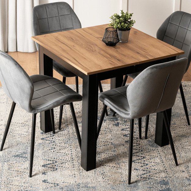 Benas BEN kvadratinis ištraukiamas stalas, 80–200 cm, ąžuolo spalvos / juodas, modernus lofto stiliaus