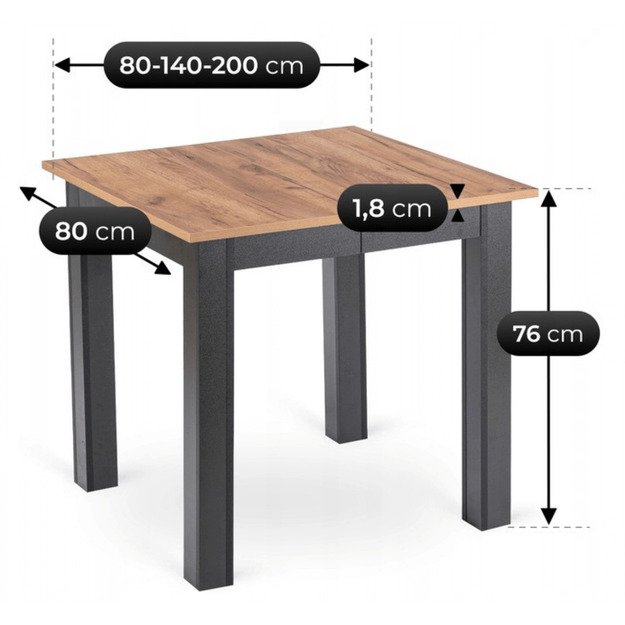 Benas BEN kvadratinis ištraukiamas stalas, 80–200 cm, ąžuolo spalvos / juodas, modernus lofto stiliaus 7