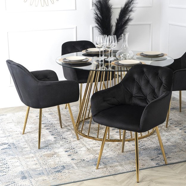 Oliveris OLIVIER apvalus stiklinis staliukas 120 cm su auksinėmis kojelėmis, modernus stilingam svetainės interjerui 1