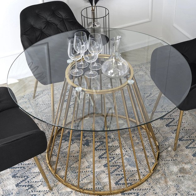 Oliveris OLIVIER apvalus stiklinis staliukas 120 cm su auksinėmis kojelėmis, modernus stilingam svetainės interjerui 7