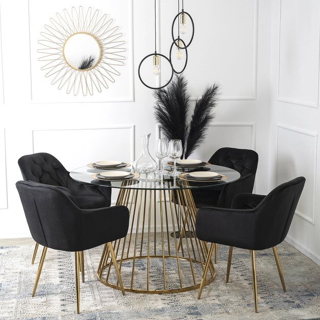 Oliveris OLIVIER apvalus stiklinis staliukas 120 cm su auksinėmis kojelėmis, modernus stilingam svetainės interjerui 2