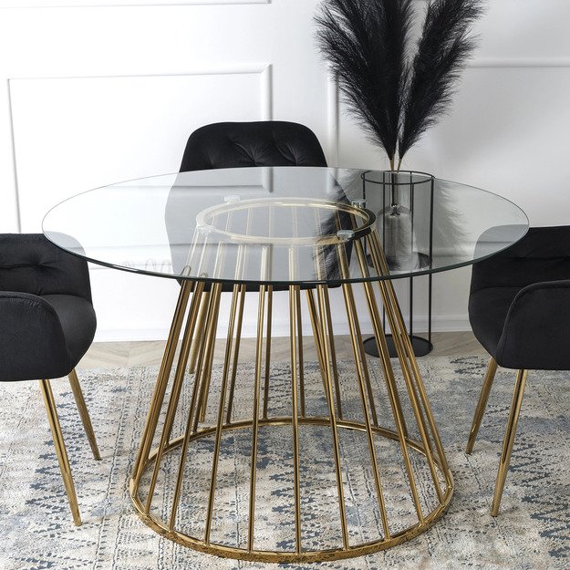 Oliveris OLIVIER apvalus stiklinis staliukas 120 cm su auksinėmis kojelėmis, modernus stilingam svetainės interjerui 3