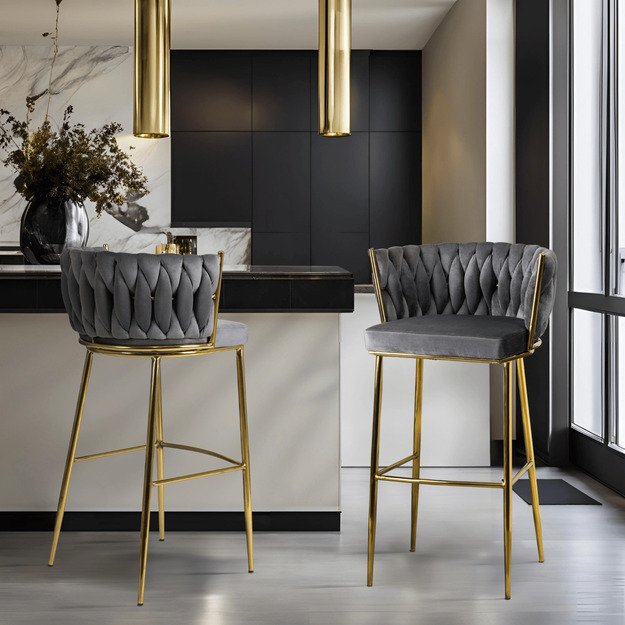 Floresas Apmuštas austas baro kėdė FLORES, pilkas aksomas, modernus loftas