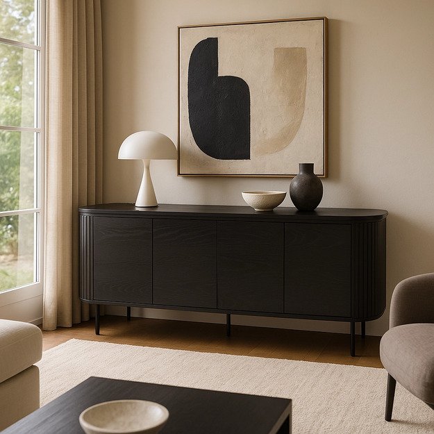 Beck BECK komoda svetainei, 200 cm, juoda, keturių durų, grioveliai, moderni