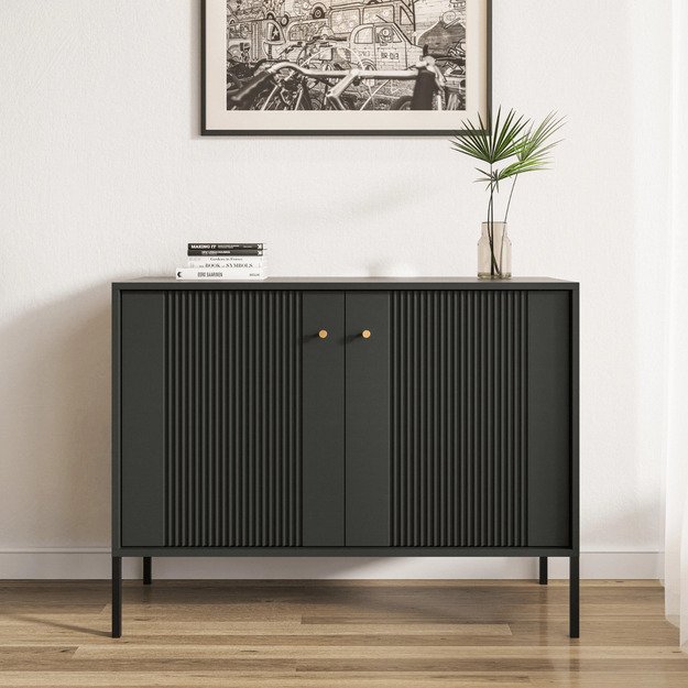 Minkštas Komoda svetainei/miegamajam, SOFT, 104 cm, juodos spalvos, grioveliai, dvidurės, modernios