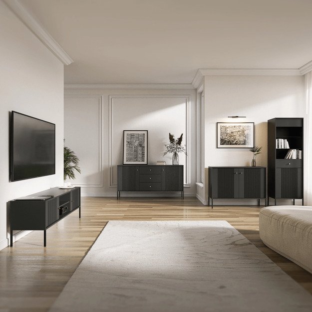 Minkštas Komoda svetainei/miegamajam, SOFT, 104 cm, juodos spalvos, grioveliai, dvidurės, modernios 1