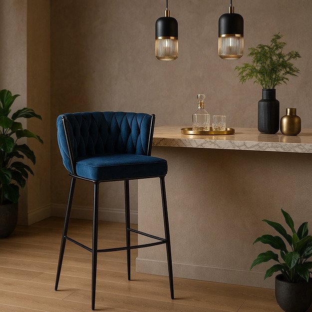 Floresas Apmuštas austas baro kėdė FLORES, tamsiai mėlynas, aksominis, modernus loftas