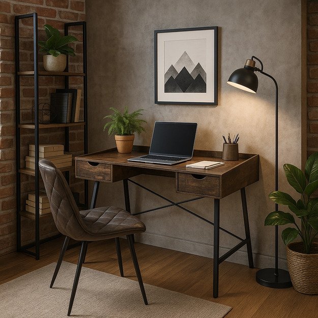  ICE Loft stiliaus rašomasis stalas su stalčiais, 133 cm, kaimiško ąžuolo/juodos spalvos, lofto stiliaus