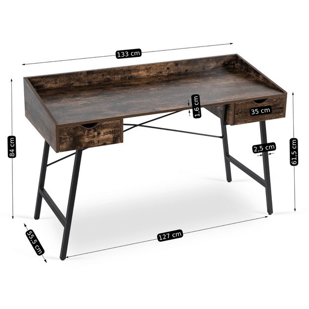  ICE Loft stiliaus rašomasis stalas su stalčiais, 133 cm, kaimiško ąžuolo/juodos spalvos, lofto stiliaus 5