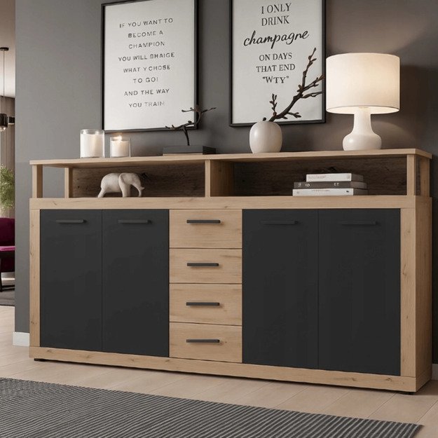 Blago BLAGO komoda su keturiomis durimis, 190 cm, ąžuolo spalvos / juodos spalvos, moderni lofto stiliaus