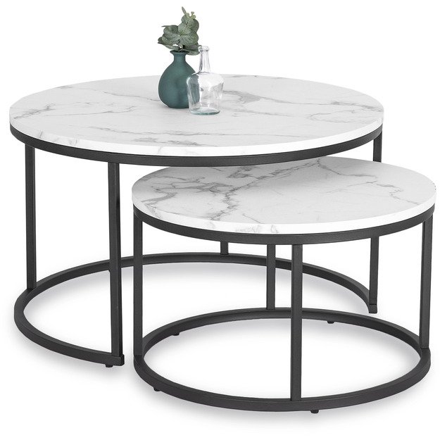 Dafnė Maks DAFNE MAX kavos staliukų komplektas, 60 cm/80 cm, baltas marmuras, modernus žavesys
