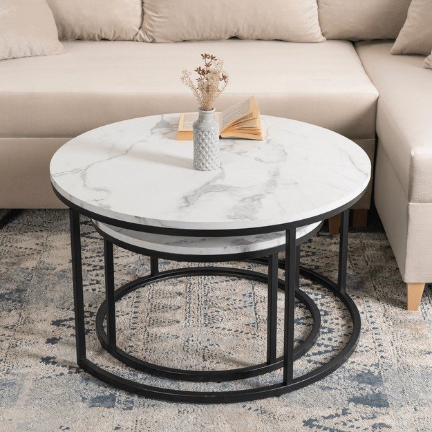 Dafnė Maks DAFNE MAX kavos staliukų komplektas, 60 cm/80 cm, baltas marmuras, modernus žavesys 4