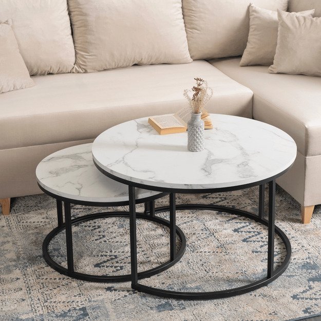 Dafnė Maks DAFNE MAX kavos staliukų komplektas, 60 cm/80 cm, baltas marmuras, modernus žavesys 1