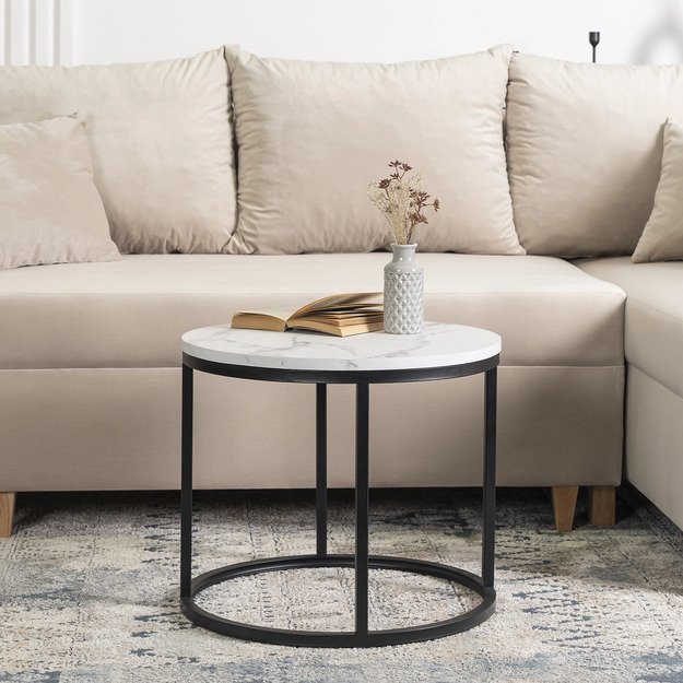 Konis CONNY kavos staliukas, 53 cm, baltas marmuras/juodas, modernus žavesys 