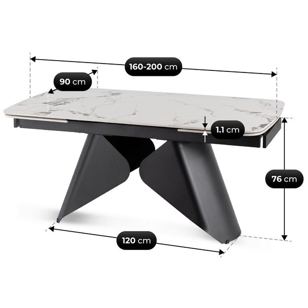 Verona VERONA stačiakampis ištraukiamas stalas, 160–240 cm, keramika, baltas marmuras/juoda, modernus 11