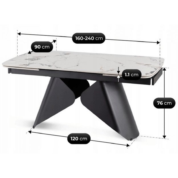 Verona VERONA stačiakampis ištraukiamas stalas, 160–240 cm, keramika, baltas marmuras/juoda, modernus 1
